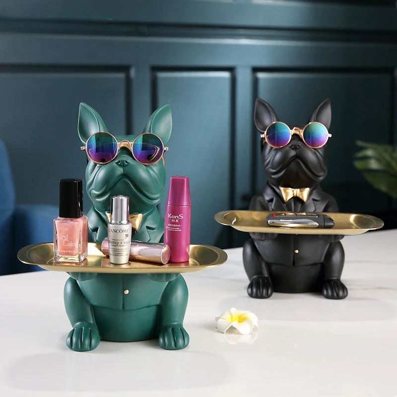 Nordic French Bulldog Sculpture Dog Figurine Statue Key Jewelry Storage Table Decoration Gift With Plate Glasses Ornaments